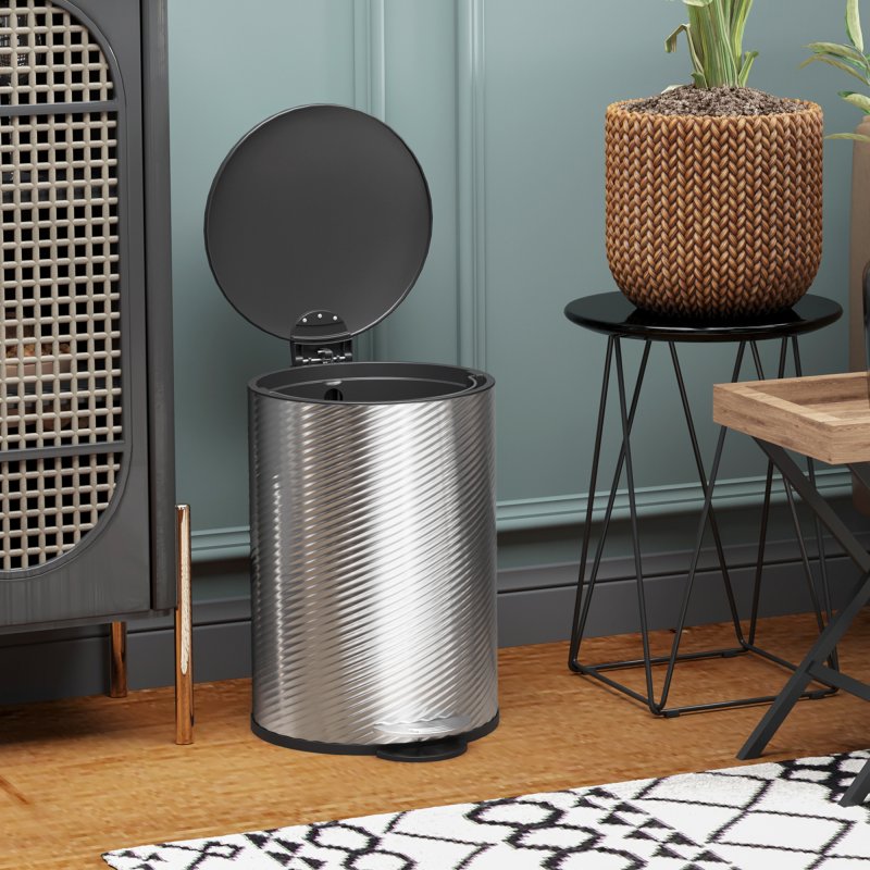HOMCOM 20 Litre Kitchen Bin, Stainless Steel Pedal Bin with Soft-close Lid, Fingerprint Proof Cylindrical Rubbish Bin with Foot Pedal and Removable Inner Bucket, Silver