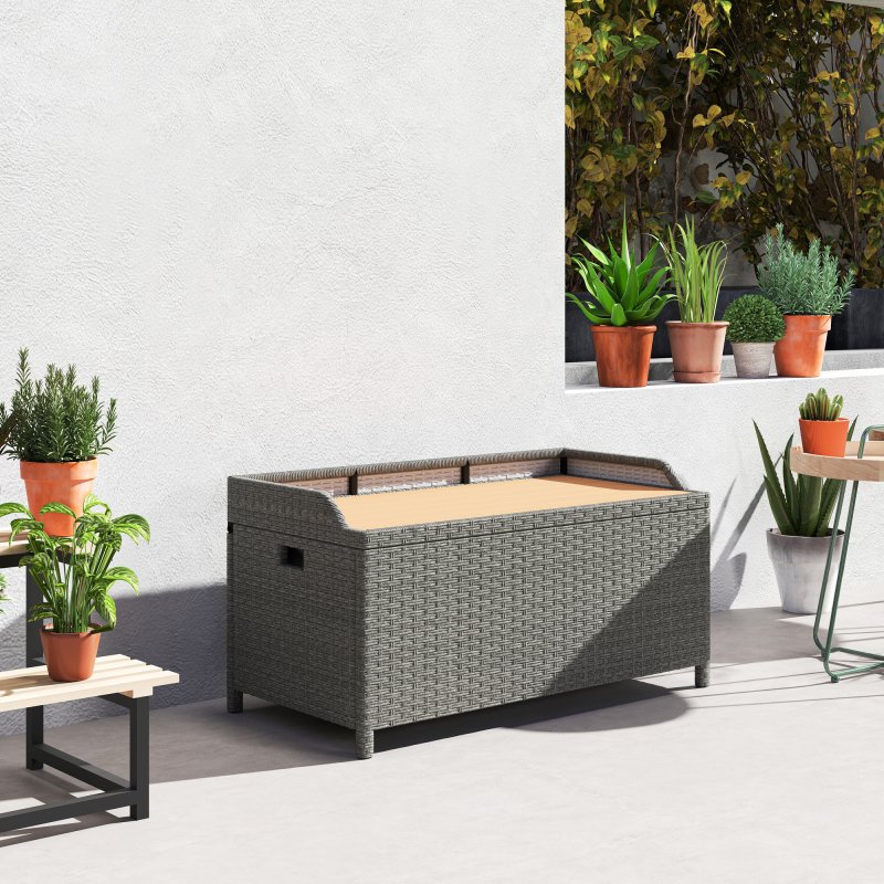 Outsunny PE Rattan Outdoor Storage Bench, Aluminium Garden Bench with Storage Underneath w/ Zipped Inner Lining, Rods for Deck, Grey