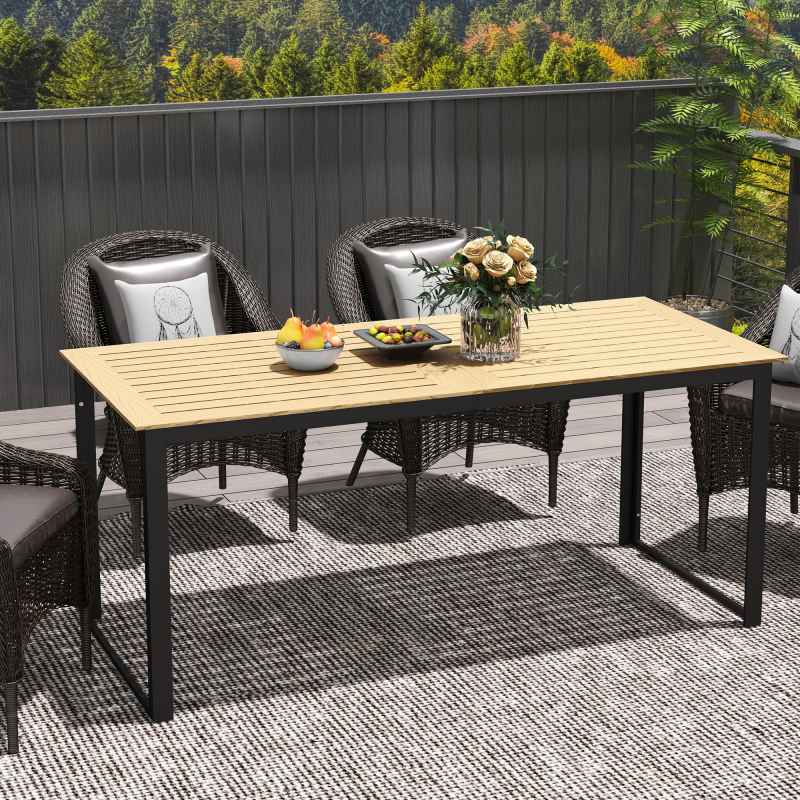Outsunny Garden Table for 6 People, 175 x 78 x 75 cm Rectangle Outdoor Dining Table with Slatted Top, Metal Frame, for Balcony, Deck, Teak