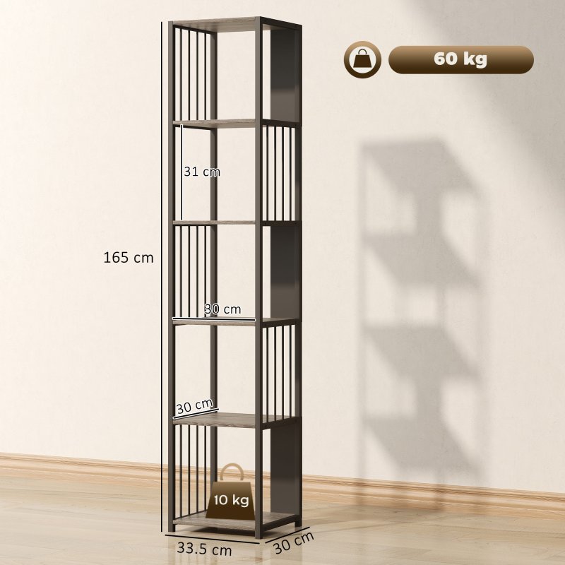 HOMCOM 5-Tier Bookshelf, Modern Tall Bookcase with Steel Frame, Freestanding Display Storage Unit for Living Room, Bedroom, Study, Home Office, Grey