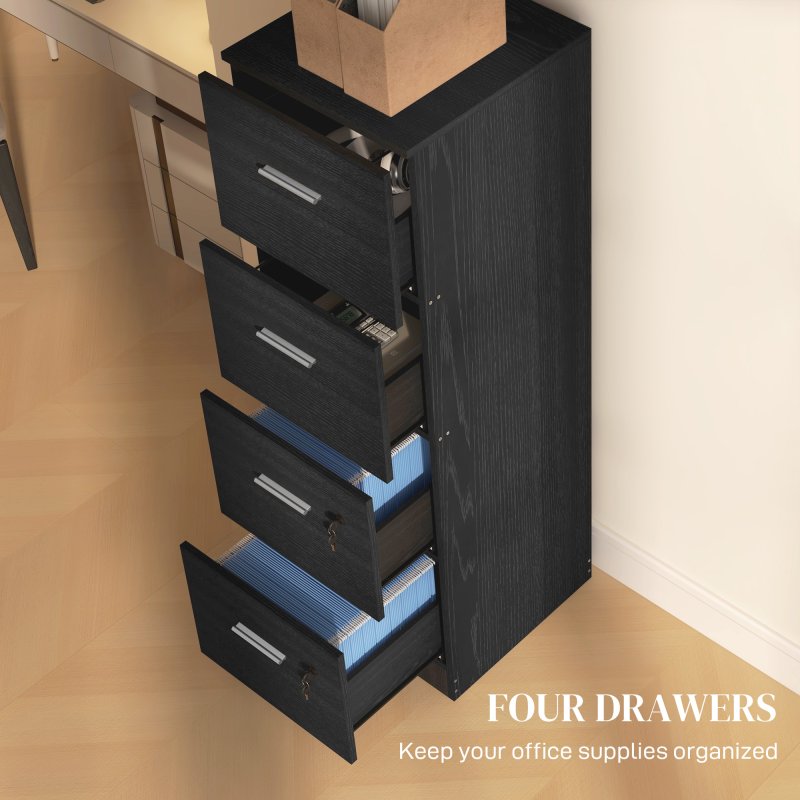 HOMCOM File Cabinet with 4 Drawers for Home Office, Vertical Filing Cabinet with Lock, Adjustable Hanging Bar for A4 and Letter Size, Black Wood Effect