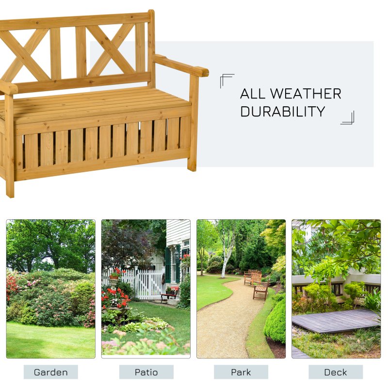 Outsunny Wood Garden Bench 2 Seater Storage Chest Patio Seating Chair with High Back and Armrest, Yellow