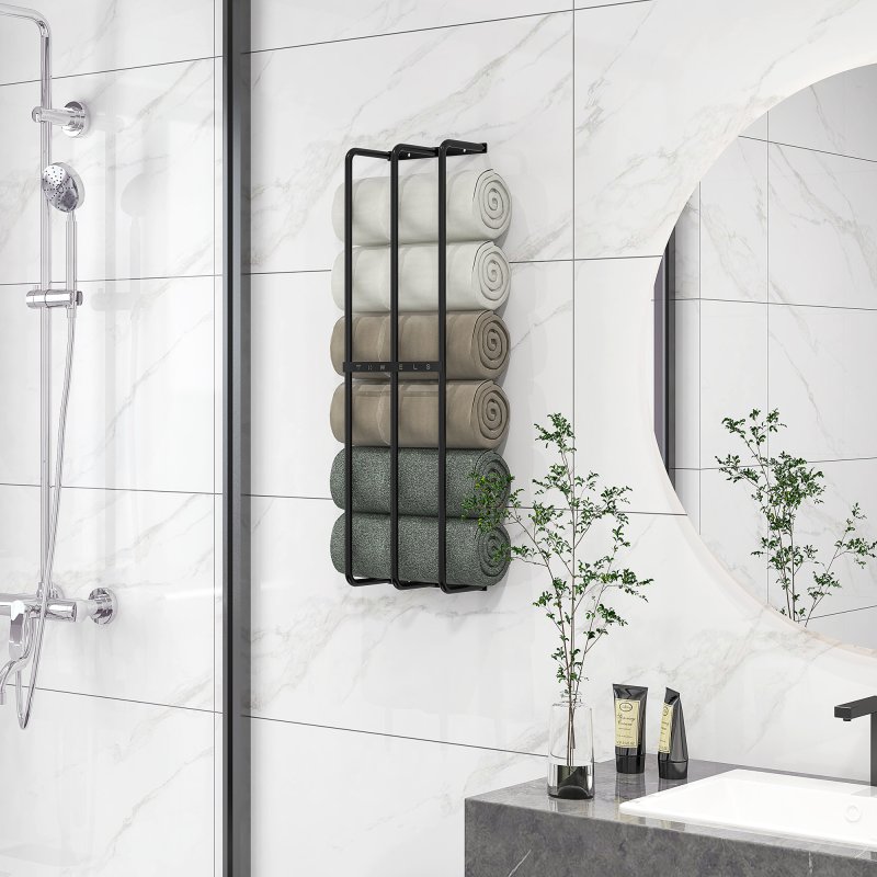 HOMCOM Towel Rack Wall Mounted, Metal Towel Rail Holds Up to 6 Large Size (150 x 100cm) Rolled Towels, 3 Bar Towel Storage for Bathroom, 21 x 12 x 74cm, Black