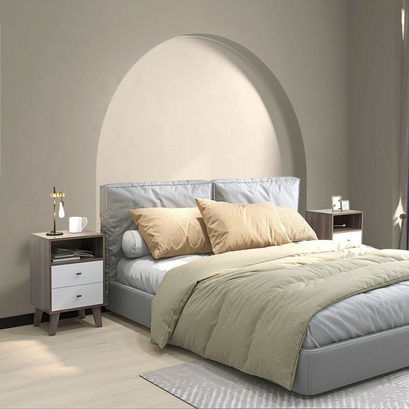 HOMCOM Bedside Tables Set of 2, Modern Nightstand with 2 Drawers and Open Cubby, Sofa Side End Table for Bedroom, 40 x 34 x 64cm, Grey