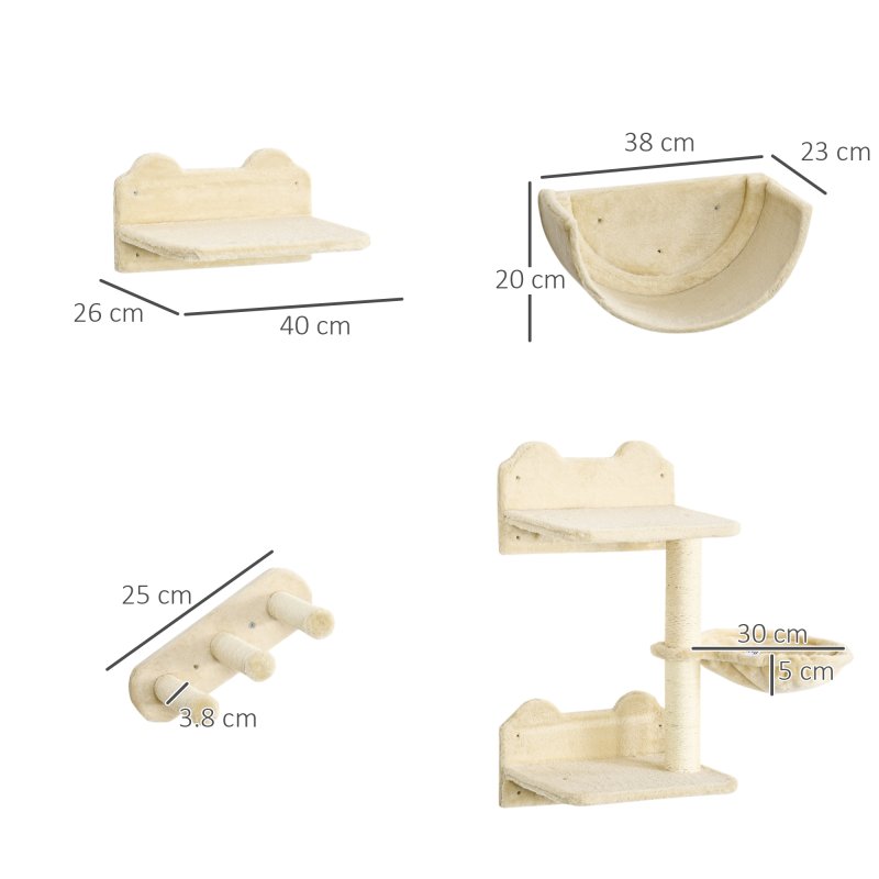 PawHut 4PCs Wall Mounted Cat Tree Cat Wall Shelves Furniture Climbing Shelf Set Kitten Activity Centre w/ Hammock, Scratching Post - Beige