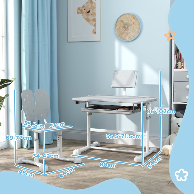 AIYAPLAY Kids Desk and Chair Set, Height Adjustable School Study Table Chair Set with Tilted Desktop, Storage Drawer, Book Stand, for Writing Reading, kids Aged 3-12 Years, Grey