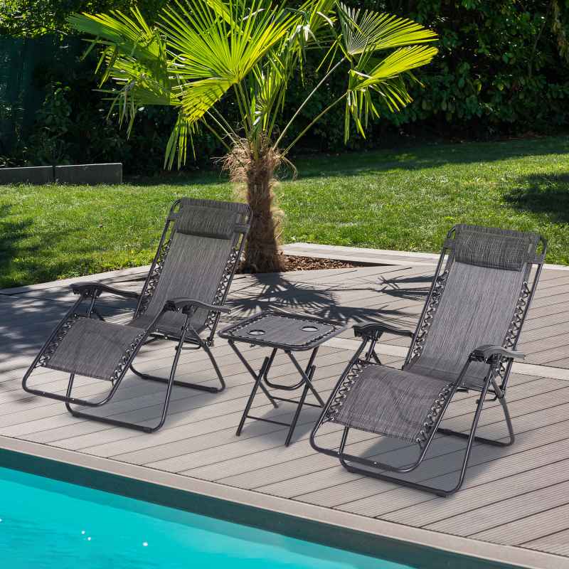 Outsunny Folding Zero Gravity Chairs, 3 Pieces Adjustable Sun Lounger and Table Set with Cup Holder and Headrest, Patio Bistro Set with Reclining Garden Chairs for Outdoor, Light Grey
