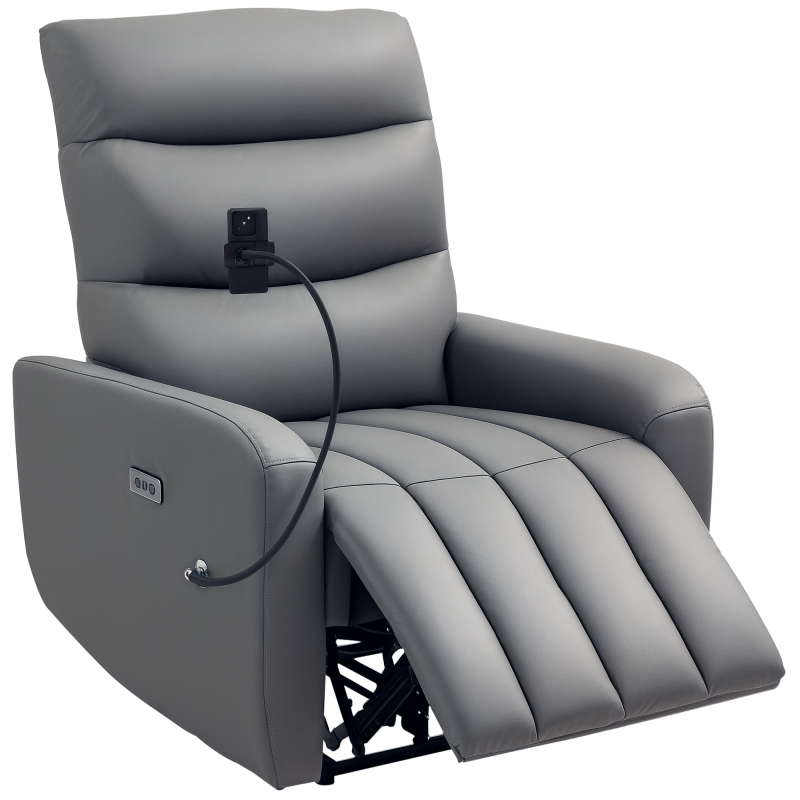 HOMCOM Electric Recliner Armchair with USB + Type C Charge Port, Phone Holder, PU Leather Reclining Chair with Adjustable Leg Rest, Recliner Chair for Home Living Room Theater, Grey