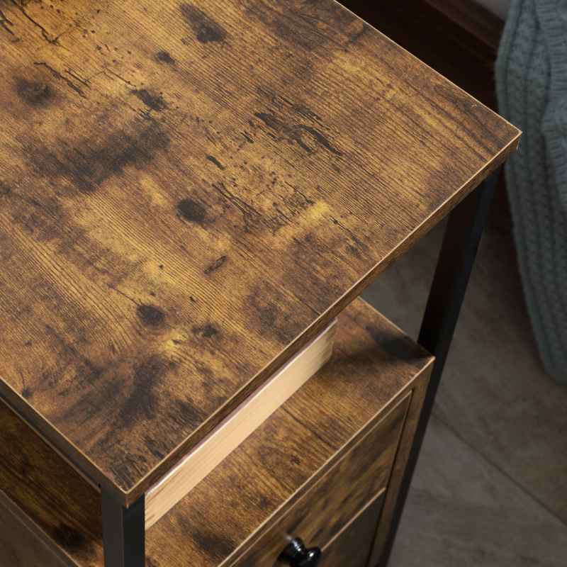 HOMCOM Side Table, Narrow Bedside Table with 2 Drawers and Storage Shelf, Industrial End Table with Metal Frame for Small Spaces