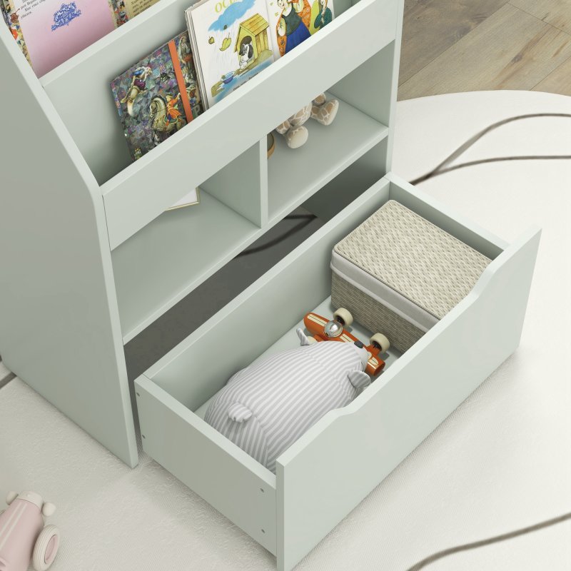 HOMCOM Kids Bookshelf with Storage Drawer, Children's Bookcase with Wheels, Toy Organiser for Bedroom, Playroom - Green
