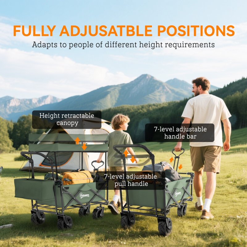 Outsunny 120L Festival Trolley on Wheels, Folding Camping Trolley Cart with Removable Canopy, All-Terrain Wheels, Adjustable Handle and Side Pockets for Garden Beach Fishing Shopping, Green