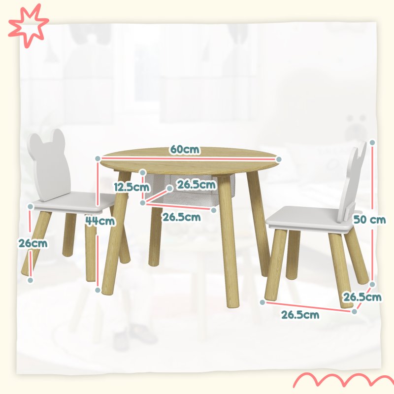 AIYAPLAY 3 Pieces Toddler Table and Chair Set with Centre Mesh Bag, Kids Activity Table Set with Bear Shaped Backrest, for Arts, Crafts Reading Dining, Aged 3-6 Years
