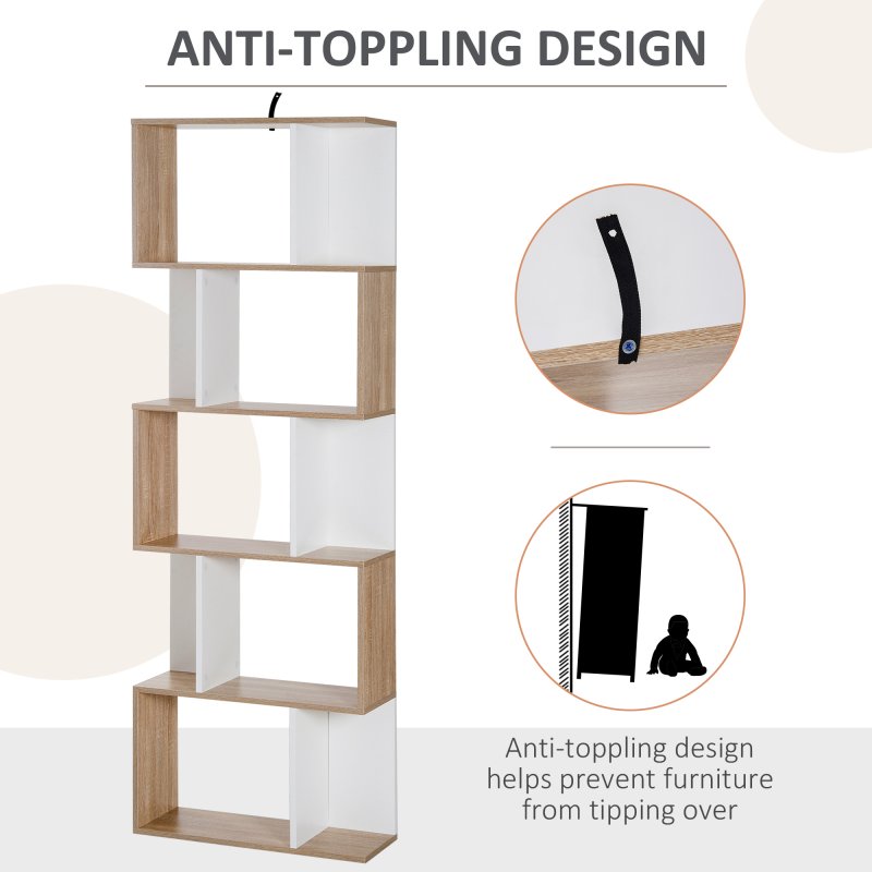 HOMCOM Bookcase, S-Shaped Wooden Bookshelf, 5/6 Tiers Freestanding Storage Shelf, Home Office Decorative Display Stand Rack, 24D x 60W x 184.5H