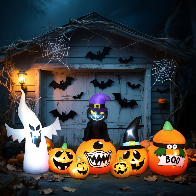 Outsunny 8 FT Halloween Inflatables Pumpkin Ghost and Cat Combo, Outdoor Halloween Decorations with 9 Built-in LEDs, Self-Inflating Blow Up Decor for Garden Party
