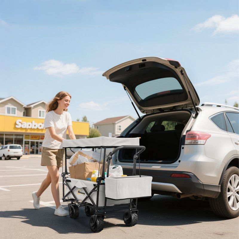 Outsunny 120L Festival Trolley on Wheels, Folding Camping Trolley Cart with Removable Canopy, All-Terrain Wheels, Adjustable Handle and Side Pockets for Garden Beach Fishing Shopping, Grey