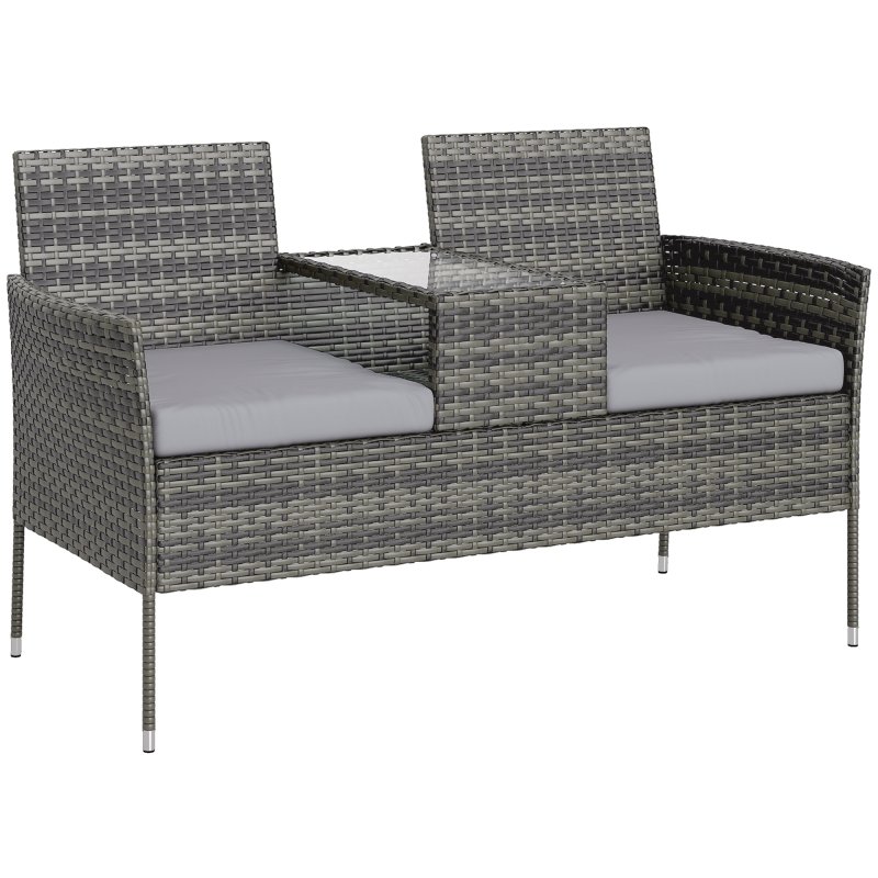 Outsunny 2 Seat Rattan Garden Bench, Patio Wicker Chair with Glass Tea Table, Outdoor Love Seat with Padded Cushions, for Garden, Porch, Charcoal Grey/Grey