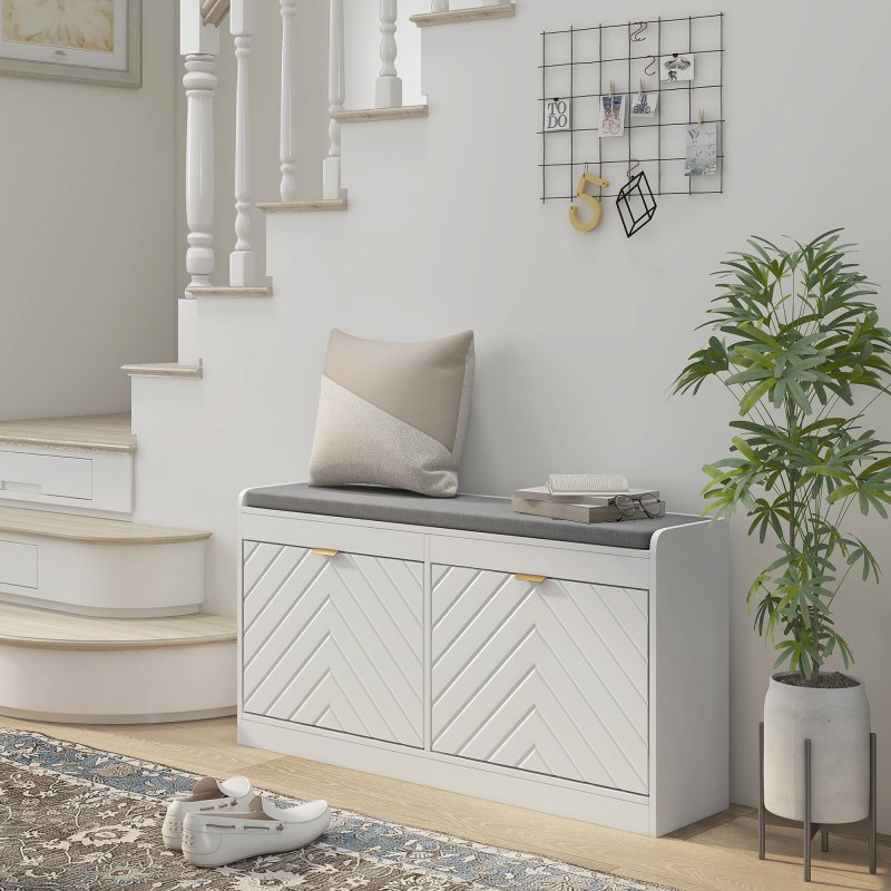 HOMCOM Shoe Storage Bench, Narrow Shoe Bench with 2 Flip Drawers, Seating Cushion and 2 Vents for 8 Pairs of Shoes for Entryway, Hallway, White