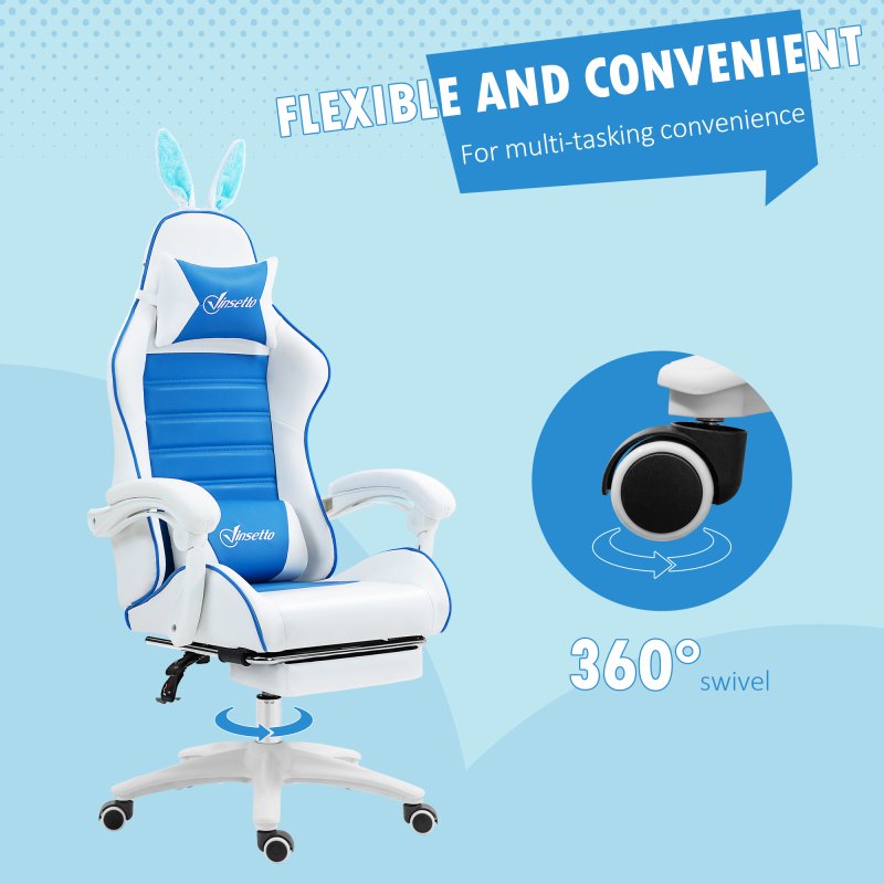 Vinsetto Reclining Racing Gaming Chair with Headrest and Lumber Support, PU Leather Computer Chair with Removable Rabbit Ears, Footrest, Blue