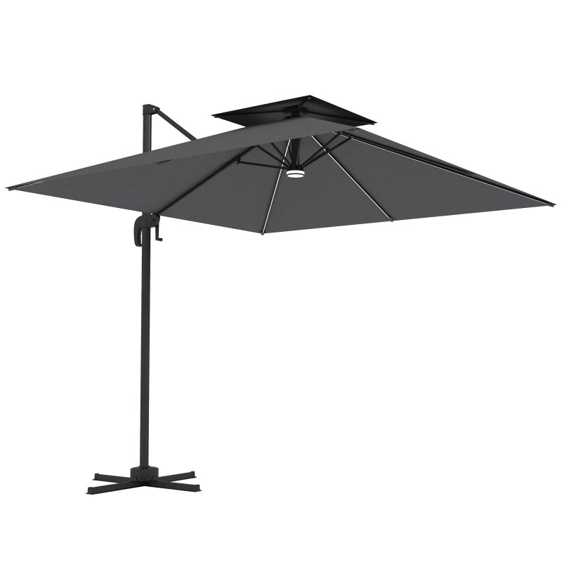 Outsunny 2.5m Cantilever Parasol with Solar Powered LED Lights, Double Top Square Overhanging Garden Parasol with 360 Rotation, Tilt Adjustment, Crank Handle, Dark Grey