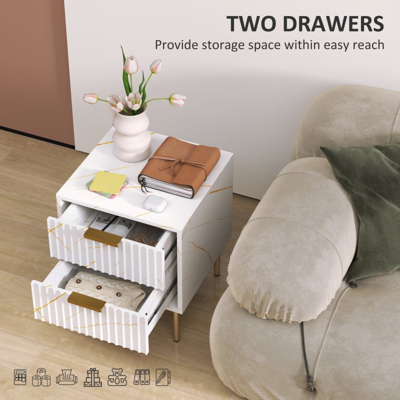 HOMCOM Marble Pattern Bedside Table, Fluted Bedside Cabinet with 2 Drawers, Side End Table with Steel Legs for Bedroom, White