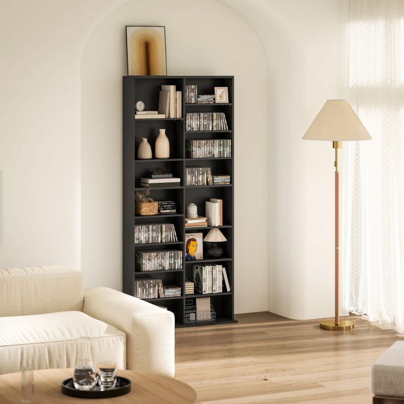 HOMCOM 640 CD/360 DVD Storage Unit, Blu-ray Media Storage Shelf with 18 Compartments and 14 Adjustable Shelves, CD Tower for Living Room, Bedroom, Office