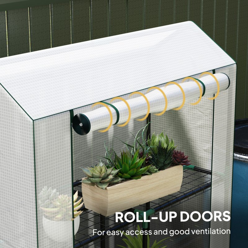 Outsunny 3 Tier Mini Greenhouse with Reinforced PE Cover, Portable Small Greenhouse with Roll-Up Door, 100 x 40 x 150cm, White