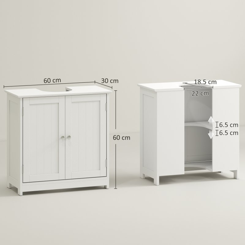 kleankin 60x60cm Under-Sink Storage Cabinet w/ Adjustable Shelf Handles Drain Hole Bathroom Cabinet Space Saver Organizer White