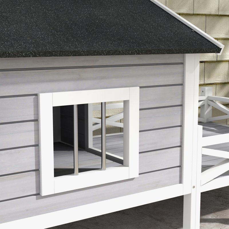 PawHut Outdoor Dog House with Porch, Wooden Dog Kennel with Water-resistant Asphalt Roof, Ladders, Fencing, Window, for Small and Medium Size, Grey