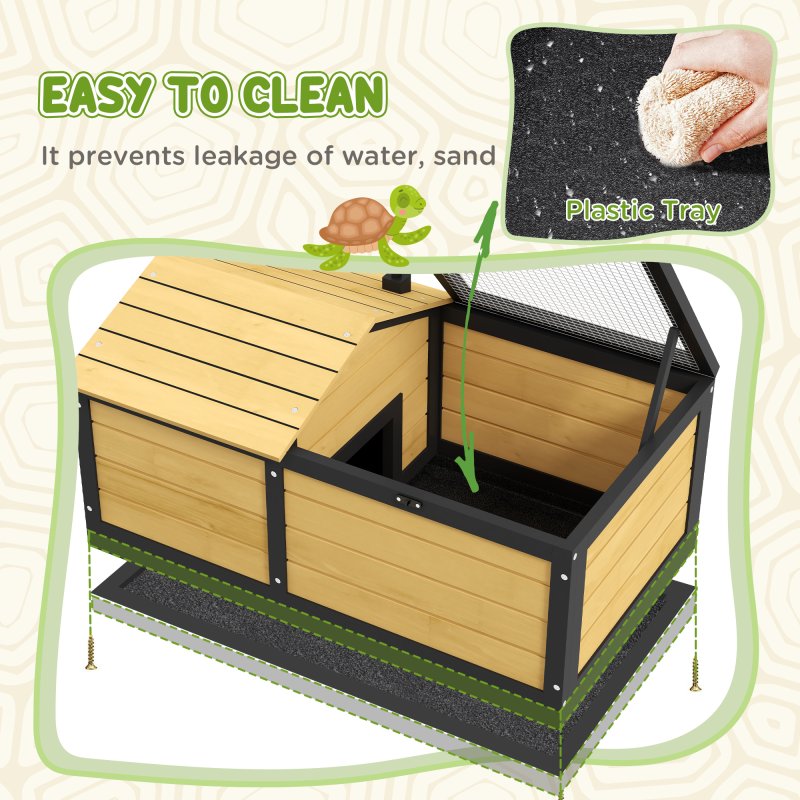PawHut Wooden Tortoise House Tortoise Table with Hide Shelter Run, Openable Top, Tray, Yellow