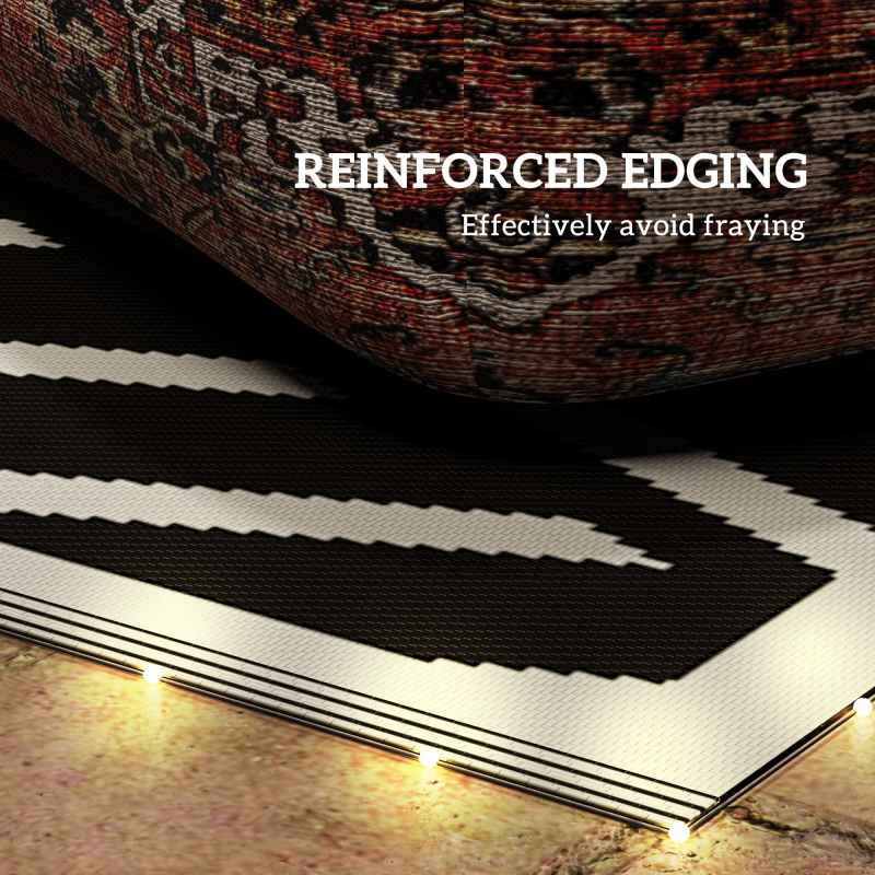 Outsunny Reversible Outdoor Rug with LED String Lights, Waterproof Plastic Straw Mat with Carry Bag for Garden, Deck, RV, Picnic, Beach, Camping, 182 x 274cm, Black and Coffee