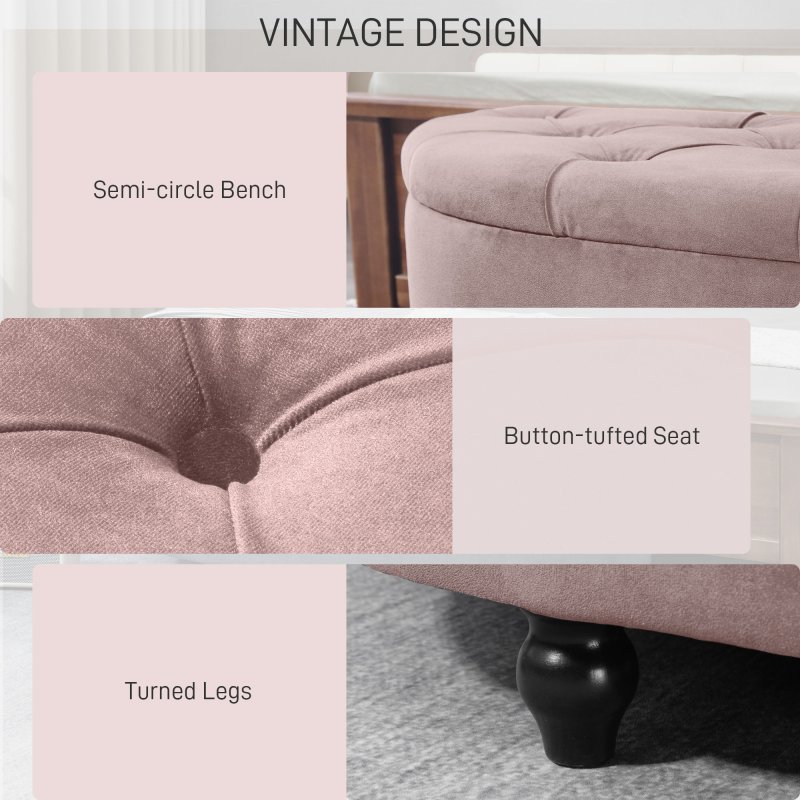HOMCOM Semi-Circle Ottoman Storage Bench, Bed End Bench, Tufted Upholstered Window Seat Footrest Stool with Rubberwood Legs for Bedroom & Entryway, 120 x 46 x 42 cm