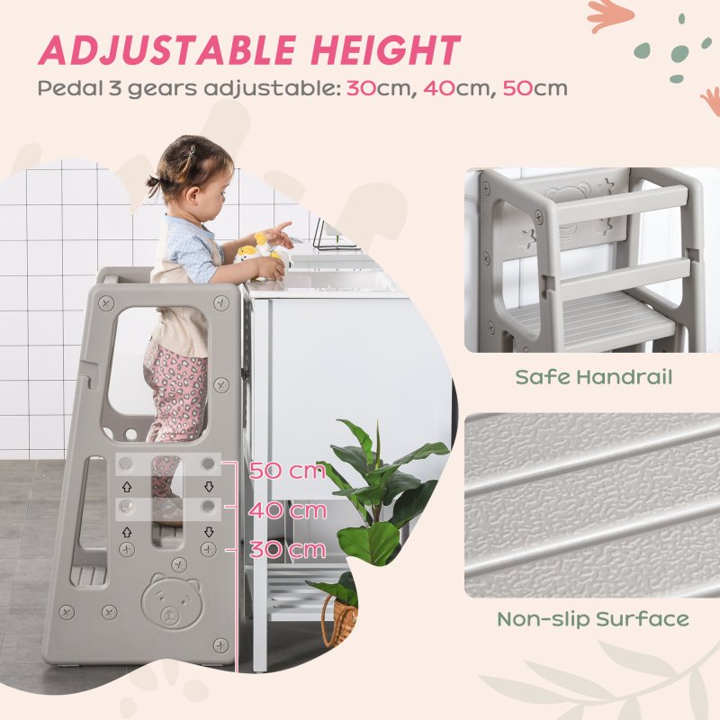 HOMCOM Kids Step Stool, Adjustable Standing Platform, Toddler Kitchen Stool , Standing Tower for Kids, Kitchen Counter with Three Adjustable Heights - Grey