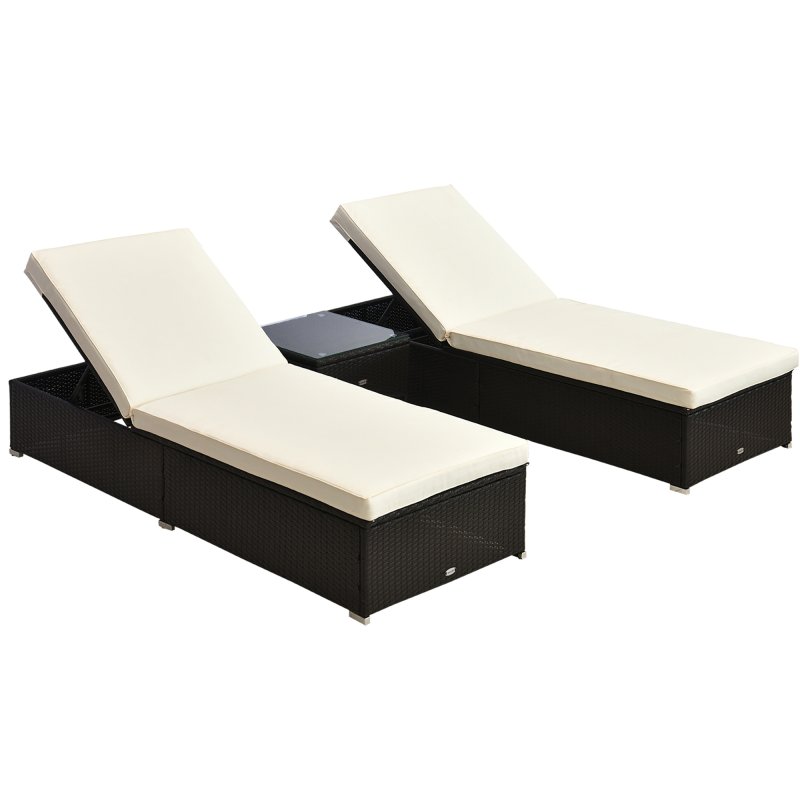Outsunny 3 Pieces Rattan Sun Loungers with Side Table, 5-Level Adjustable Garden Recliner Sun Loungers Set of 2 with Cushions, Wicker Outdoor Patio Furniture with Glass Top Coffee Table, Dark Brown