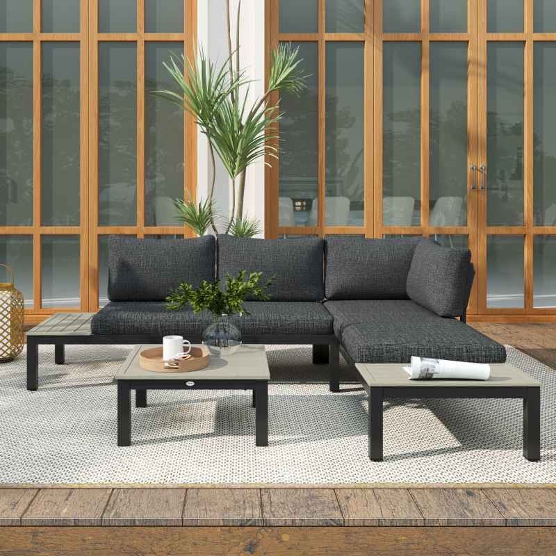 Outsunny 3 Pieces Garden Furniture Set, Aluminium 4 Seater Corner Sofa Set with 2 Loveseats, Coffee Table and Side Trays, Outdoor Conversation Furniture with Cushions for Garden, Dark Grey