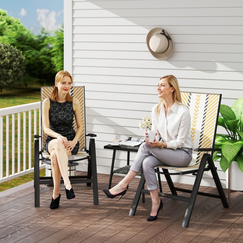 Outsunny Rattan Folding Chair Outdoor Set of 2, 5-Position Adjustable Wicker Garden Dining Chair with High Backrest, Wide Armrest, for Patio, Terrace, Balcony, Orange