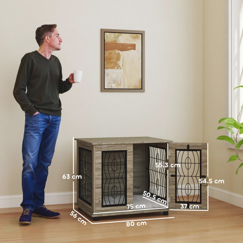 PawHut Dog Crate Furniture, Dog Cage with Soft Washable Cushion, Furniture-Style Pet Kennel Indoor House End Side Table for Small Medium Breeds, 80 x 56 x 63 cm, Grey
