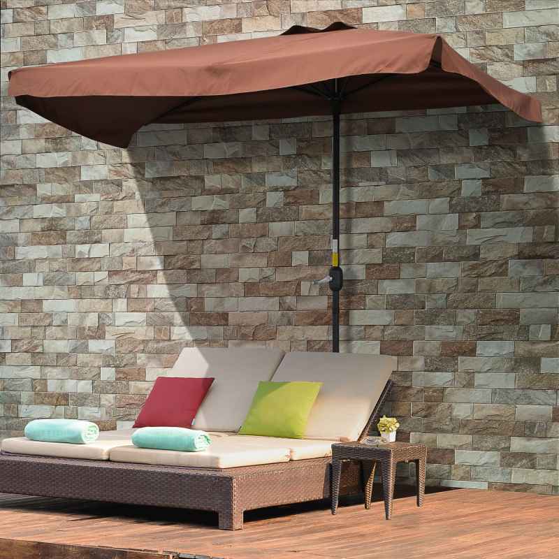 Outsunny 2.3m Half Parasol Semi Round Umbrella Patio Metal Frame Crank Handle for Balcony- NO BASE INCLUDED, Brown