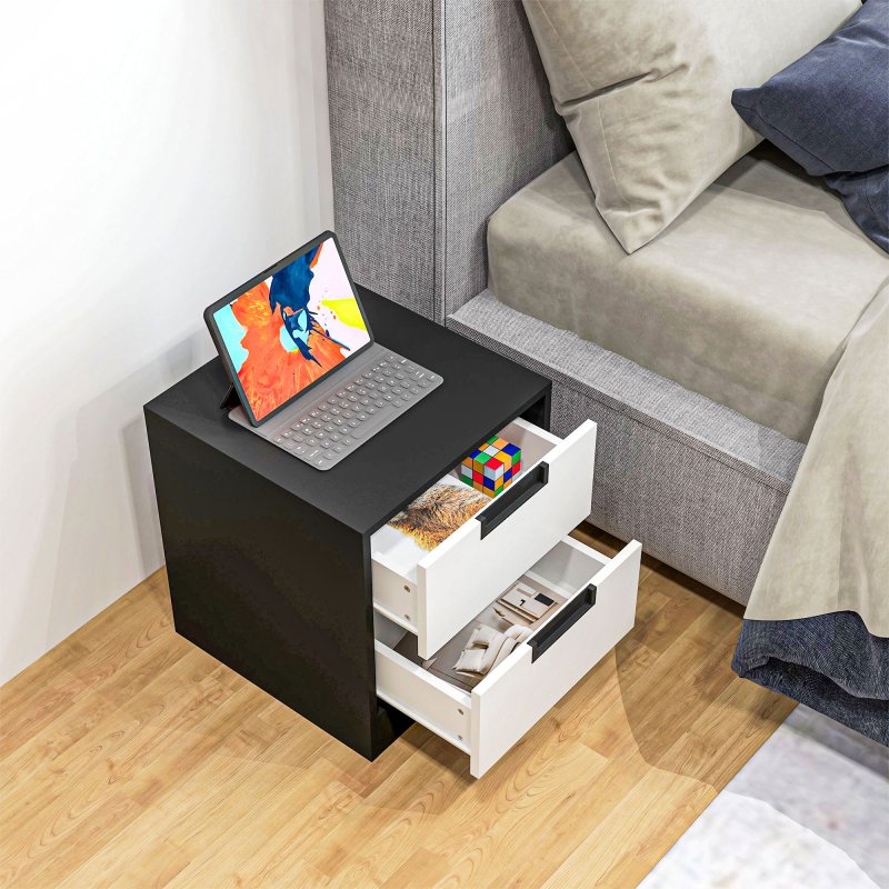 HOMCOM Bedside Tables Set of 2, Nightstands with 2 Drawers, Modern Bedside Cabinets with Storage for Bedroom, Living Room, White and Black
