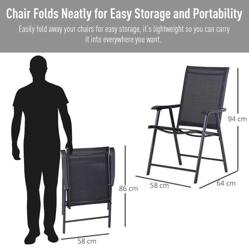 Outsunny Set of 2 Folding Garden Chairs, Metal Frame Garden Chairs Outdoor Patio Park Dining Seat with Breathable Mesh Seat, Black