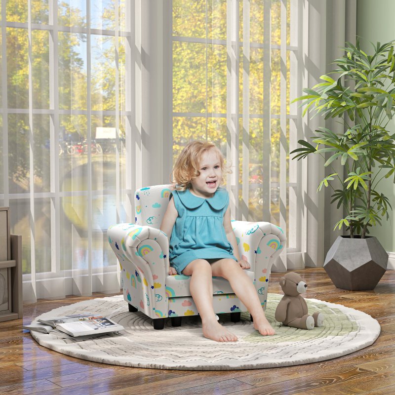 AIYAPLAY Kids Armchair with Stool, 2 Piece Kids Sofa Set with Cloud Design, Wooden Frame, Upholstered Kids Chair for Bedroom, Playroom, Kid Room, for 1.5-3 Years Old, White