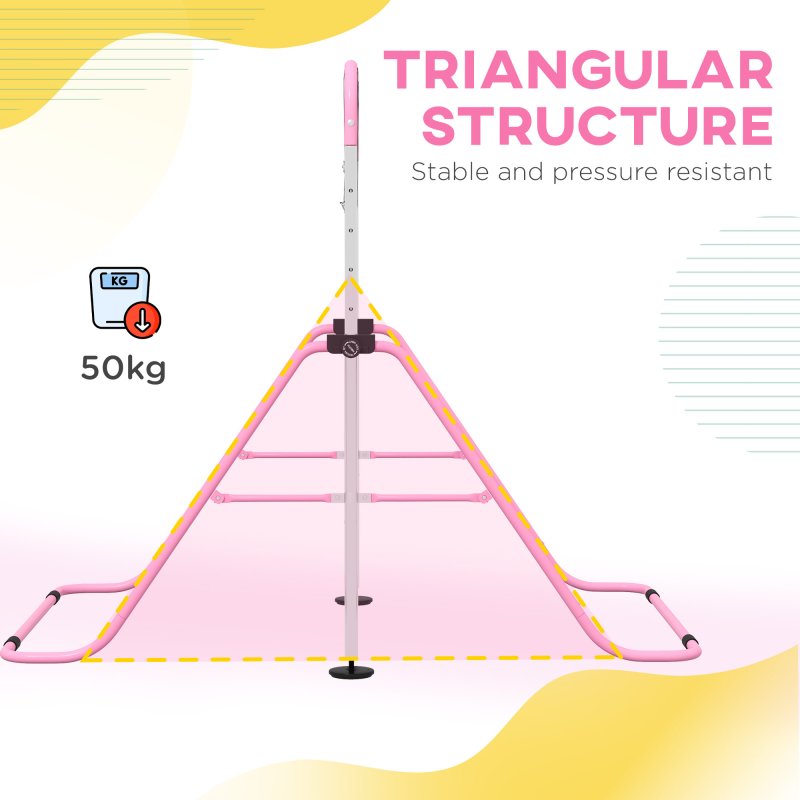 HOMCOM Kids Gymnastics Bar, Horizontal Bar for Kids, Adjustable Height Folding Gymnastics Equipment with Gymnastic Rings, Non-slip Rubber Floor Rings, for Home, Flat, Pink