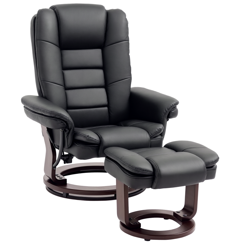 HOMCOM Recliner Chair With footstool, Recliner Armchair up to 130kg Weight Capacity, 135 Reclining Swivel Sofa Chair, PU Leather Ergonomic Couch Bed with Swivel Wood Base for Living Room, Black