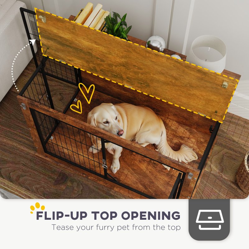 PawHut Dog Crate Furniture, Dog Cage End Table with Openable Top, Two Lockable Doors, for Large Pets, 98 x 60 x 65.5cm, Rustic Brown