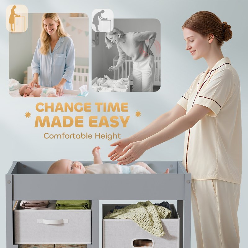 AIYAPLAY Baby Changing Table with 4 Drawers, Nursery Diaper Baby Changing Unit for 0-12 Months (max. 11kg), with Mat, Infant Care Station for Bedroom Nursery, Grey