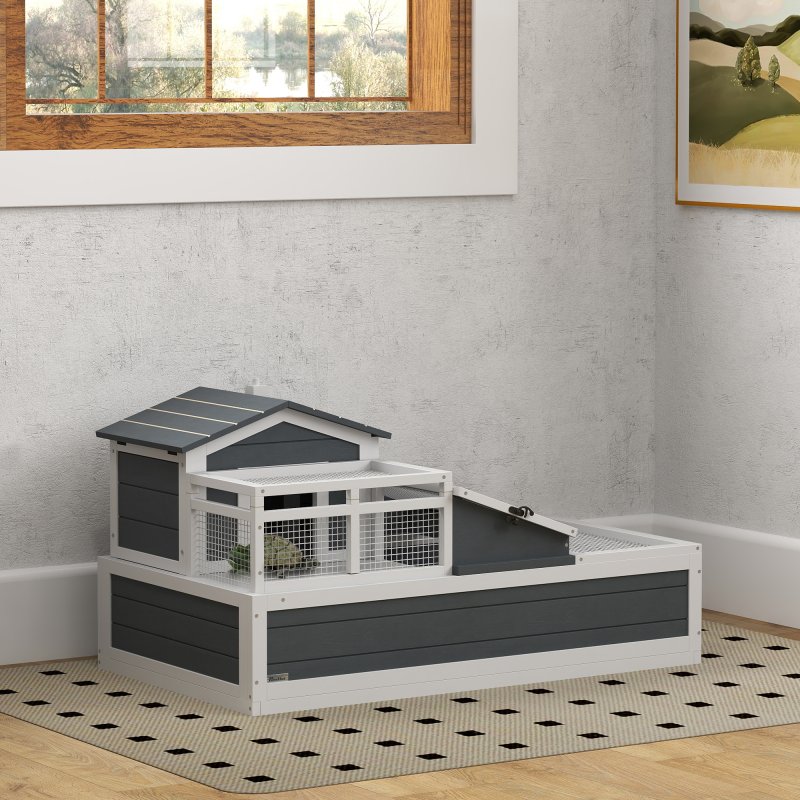 PawHut Tortoise House 3-Room Wooden Tortoise Enclosure Large Reptile Cage with 2 Stories, Ladder, Balcony, Tray, Openable Roof, 59H x 112L x 65Wcm, Grey