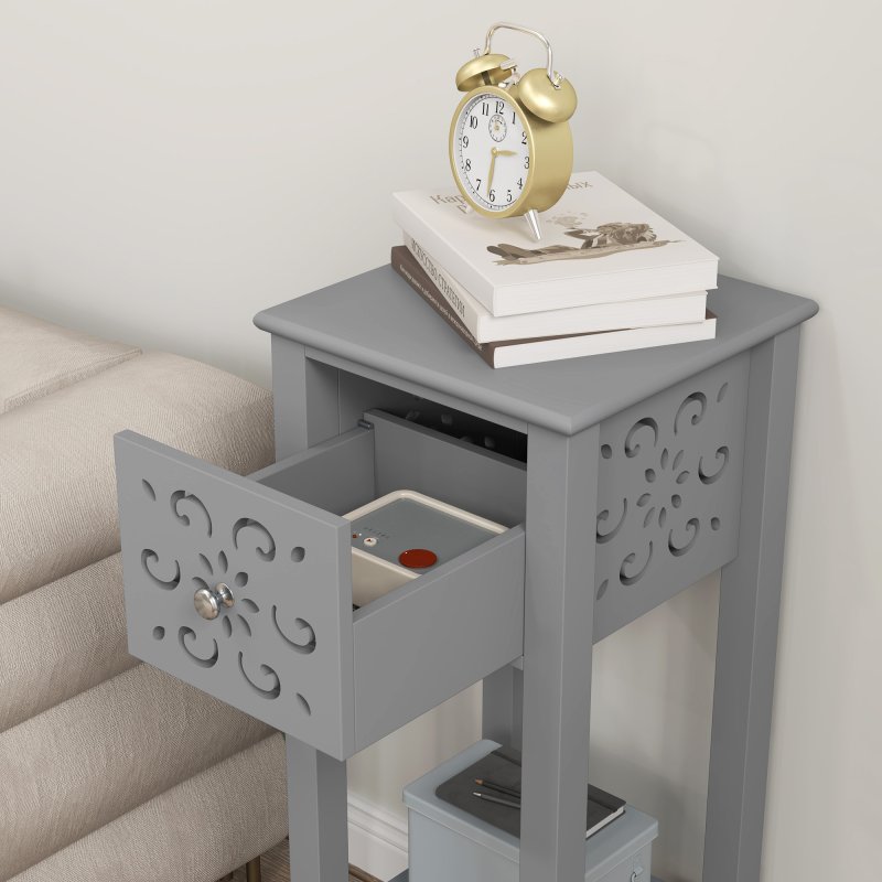 HOMCOM Side Table Set of 2, Bedside Table Set with Drawer and Storage Shelf, End Table Set with Elegant Flower-Shaped Design for Living Room Bedroom, Grey