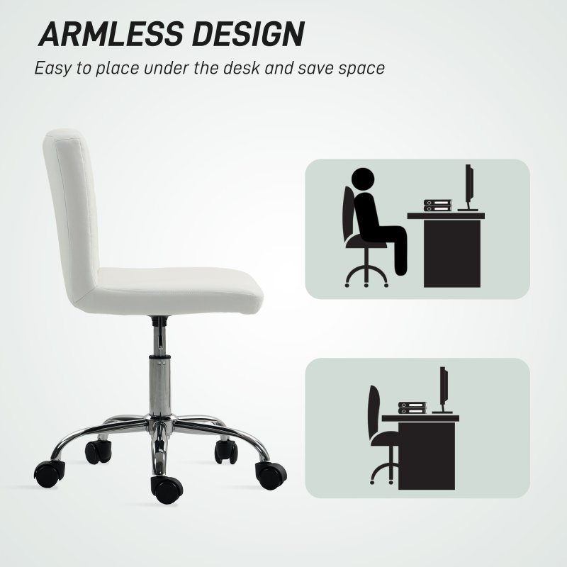 HOMCOM PU Leather Armless Office Chair, Modern Vanity Computer Swivel Chair with Rolling Wheels and Adjustable Height for Home Study, Bedroom, White