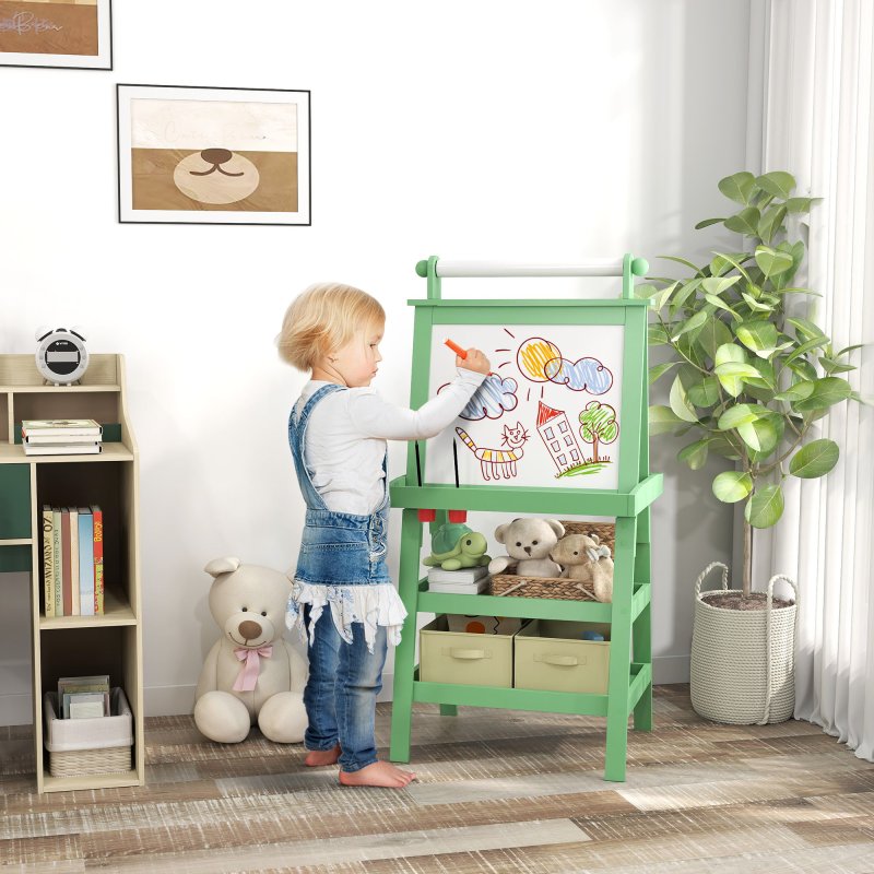 AIYAPLAY Art Easel for Kids with Paper Roll, 3 in 1 Kids Easel Double-Sided Magnetic Whiteboard and Chalkboard with Storage Baskets, for Children 3-6 Years - Green