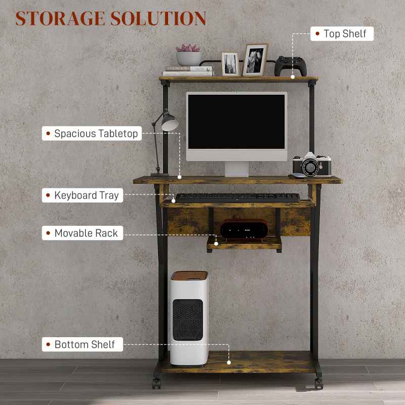 HOMCOM Mobile Computer Desk with Keyboard Tray, Rolling Study Table with Storage Shelves and Wheels, Industrial Writing Desk for Home Office, 80 x 50 x 130cm, Rustic Brown
