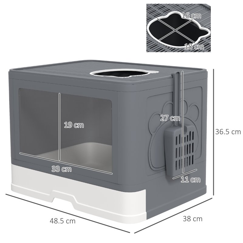 PawHut Cat Litter Tray with Hood Cat Litter Box with Brush, Front Entry, Top Exit, Removable Tray, Scoop, 48.5 x 38 x 36.5cm - Grey